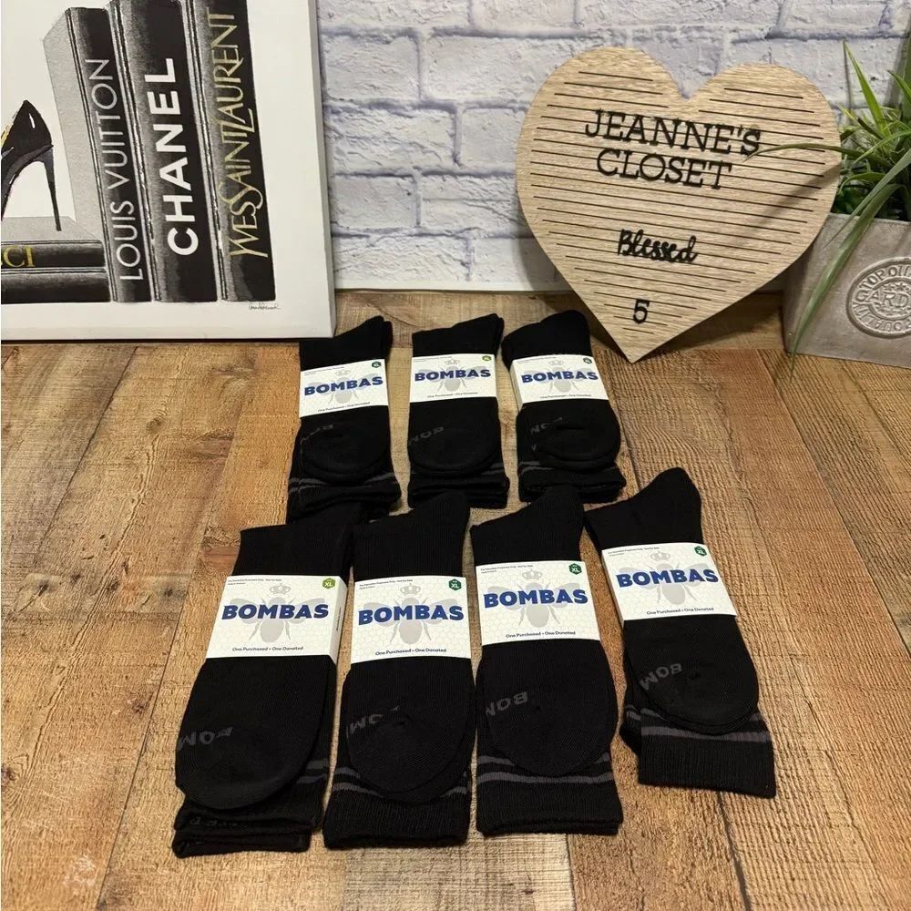 Bombas 7 Pairs Black Crew Socks Black Honeycomb Arch Support Knit Adult XL